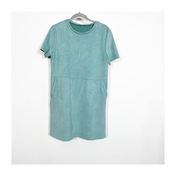 Zara Women's Teal Short Sleeve Faux Suede Shift Dress With Pockets Size Medium - Picture 1 of 8